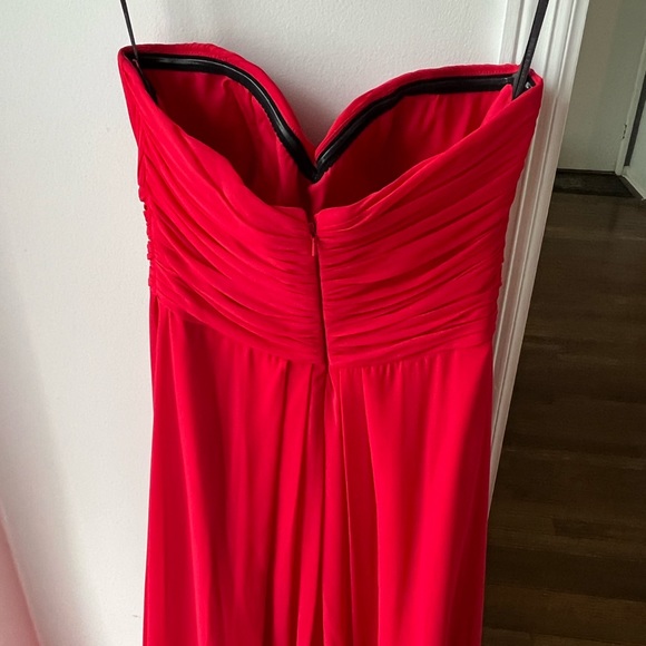 Dessy collection red strapless formal gown. 53 inches in length. Cups sewn in. - Picture 3 of 4